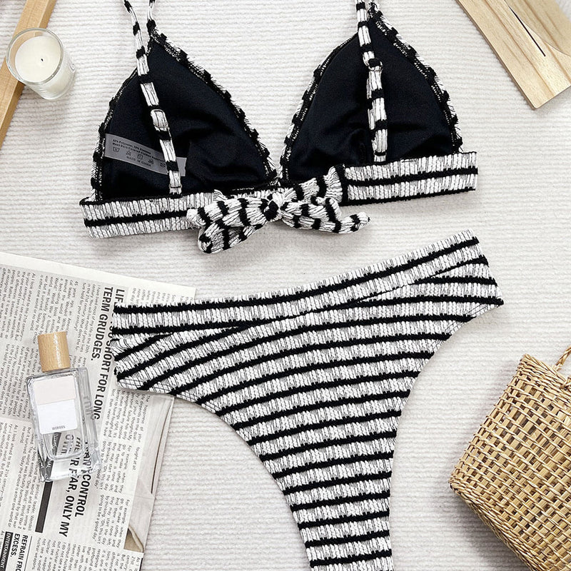 Sexy Shirred High Waist Cheeky Stripe Triangle Brazilian Two Piece Bikini Swimsuit