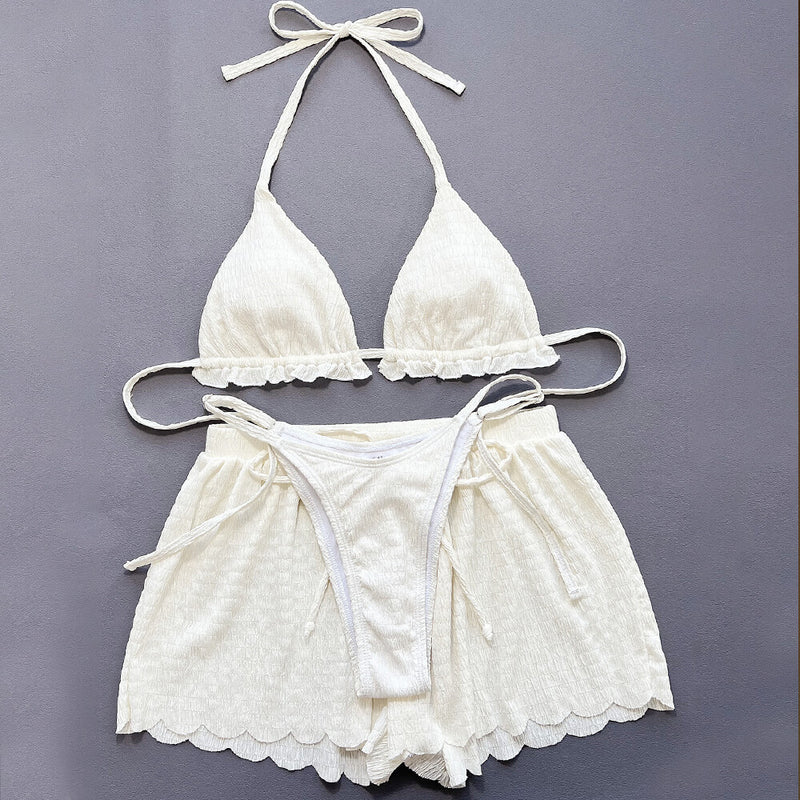 Sexy Shirred String Cheeky Ruffle Triangle Brazilian Three Piece Bikini Swimsuit