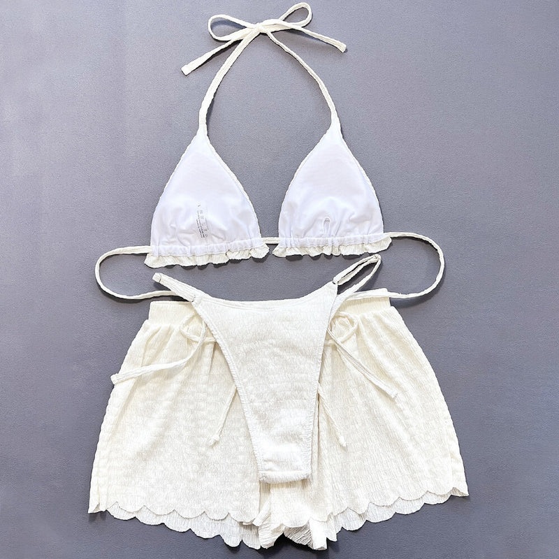 Sexy Shirred String Cheeky Ruffle Triangle Brazilian Three Piece Bikini Swimsuit