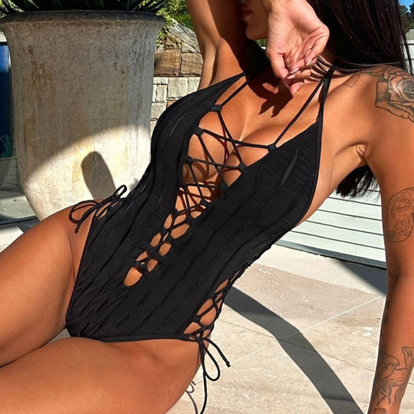 Sexy Shirred Tie Side Cutout Lace Up Deep V Halter Brazilian One Piece Swimsuit