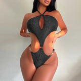 Sexy Snake Print Cutout Cheeky O Ring Halter Monokini Brazilian One Piece Swimsuit