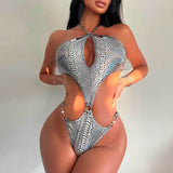 Sexy Snake Print Cutout Cheeky O Ring Halter Monokini Brazilian One Piece Swimsuit