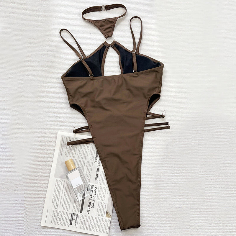 Sexy Strappy High Leg O Ring Cutout Halter Brazilian One Piece Swimsuit