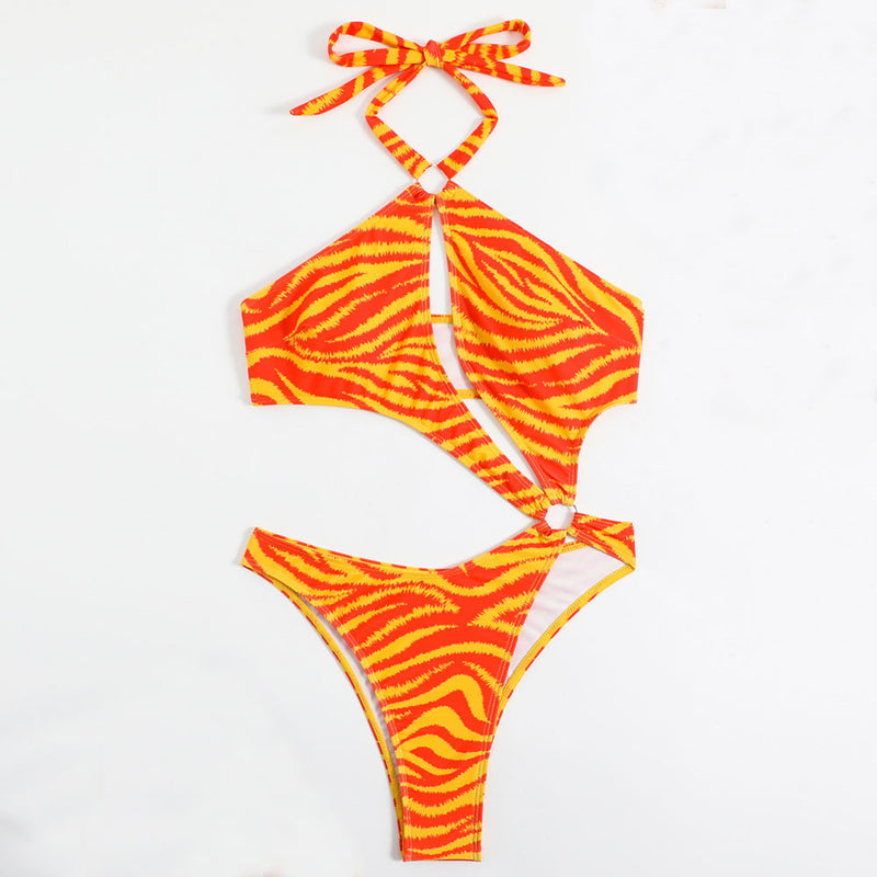 Sexy Striped High Cut Cheeky O Ring Cutout Halter Brazilian One Piece Swimsuit