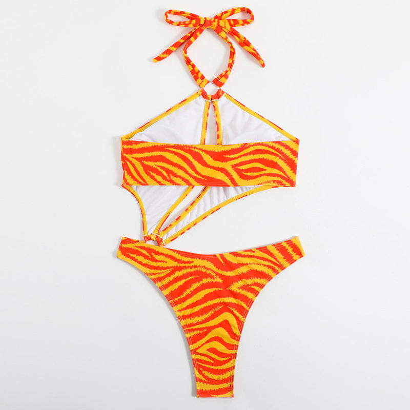 Sexy Striped High Cut Cheeky O Ring Cutout Halter Brazilian One Piece Swimsuit