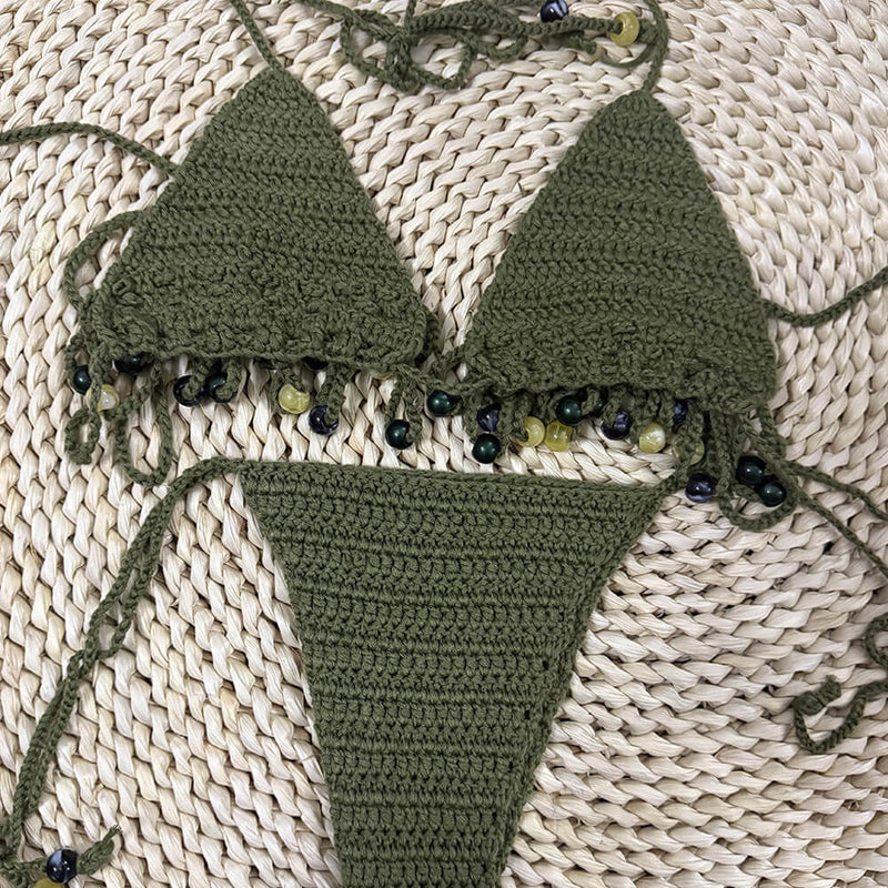 Sexy Tassel Crochet Knit Micro Triangle Brazilian Two Piece Bikini Swimsuit