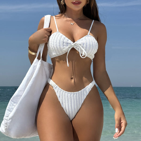 Sexy Textured High Cut Bow Tie Bandeau Brazilian Two Piece Bikini Swimsuit