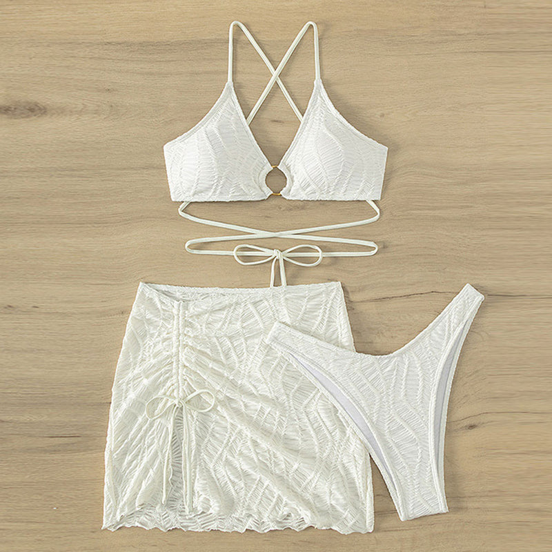 Sexy Textured High Leg O Ring Wrap Halter Brazilian Three Piece Bikini Swimsuit