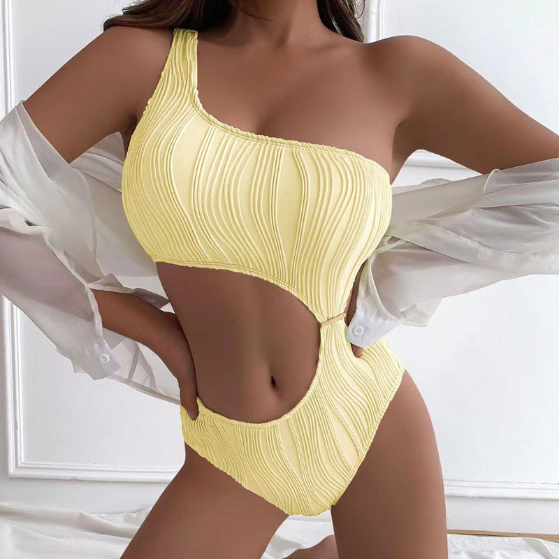 Sexy Textured Metallic Trim Cutout One Shoulder Brazilian One Piece Swimsuit