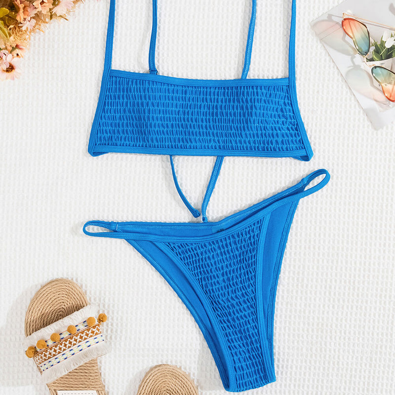 Sexy Textured String Cheeky Shirred Bralette Brazilian Two Piece Bikini Swimsuit