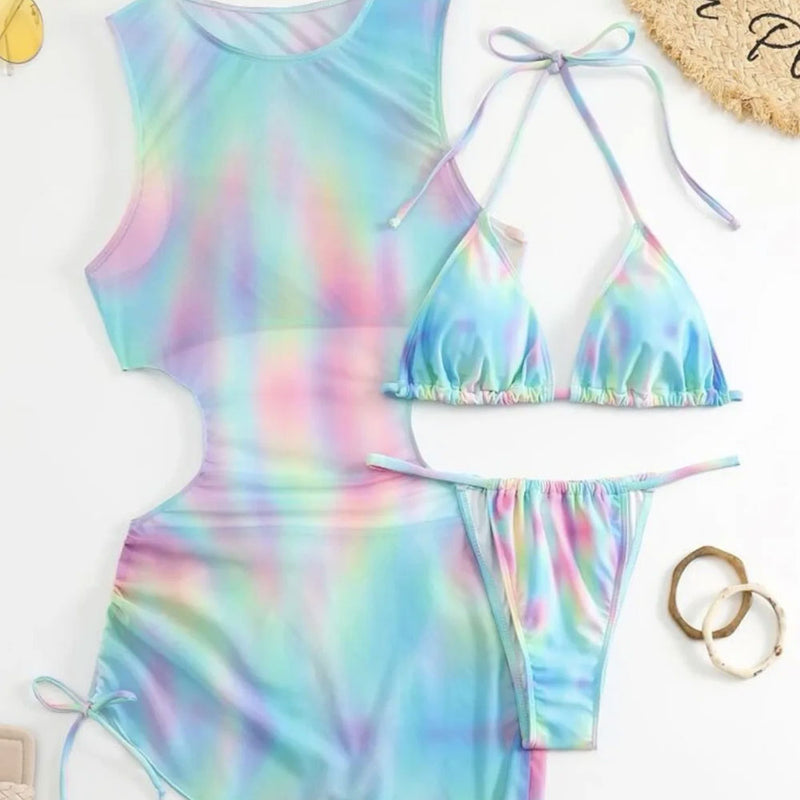 Sexy Tie Dye Cutout Triangle Halter String Cheeky Brazilian Three Piece Bikini Swimsuit