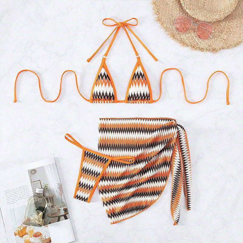 Sexy Zigzag Print String Cheeky Micro Triangle Brazilian Three Piece Bikini Swimsuit