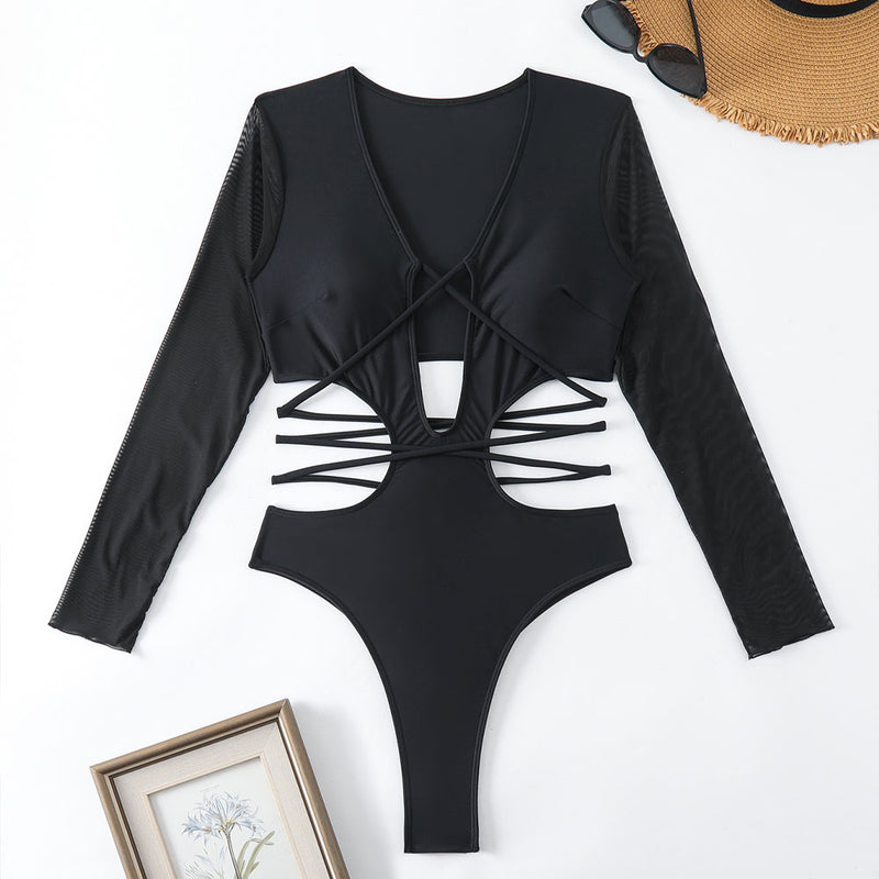 Sheer Sleeve High Leg Thong Wrap Cutout Monokini Brazilian One Piece Swimsuit