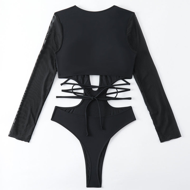 Sheer Sleeve High Leg Thong Wrap Cutout Monokini Brazilian One Piece Swimsuit