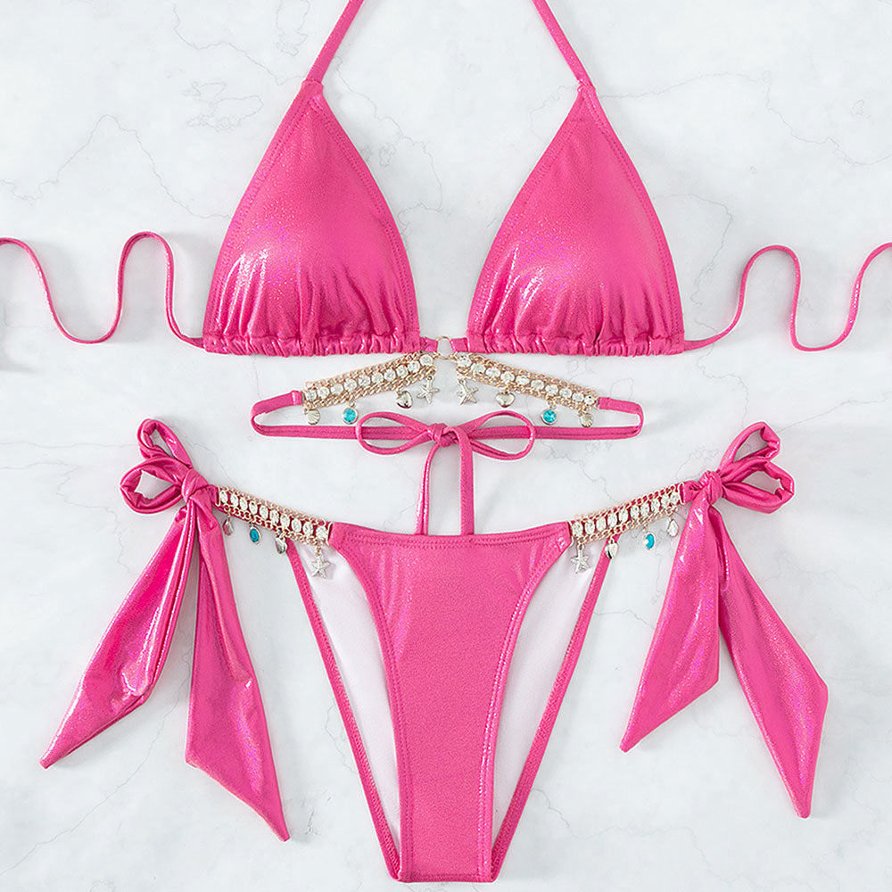 Shimmer Crystal Wrap Cheeky Triangle Brazilian Two Piece Bikini Swimsu ...