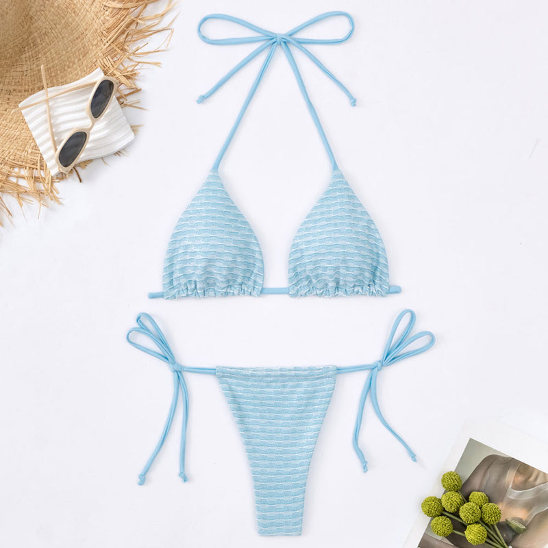 Shimmer Embroidered String Thong Triangle Brazilian Two Piece Bikini Swimsuit