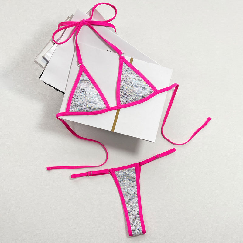 Shimmer Gingham String Cheeky Thong Micro Triangle Brazilian Two Piece Bikini Swimsuit
