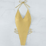 Shimmer High Cut Thong Strappy Low Back Halter Brazilian One Piece Swimsuit