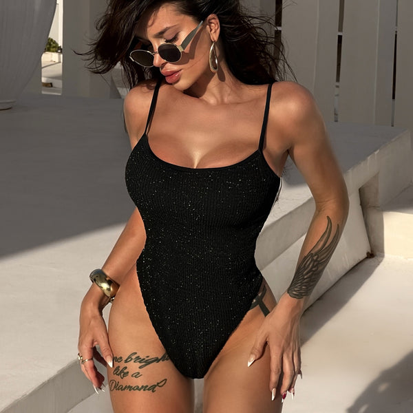 Shimmering Lurex High Leg Scoop Neck Shirred Brazilian One Piece Swimsuit