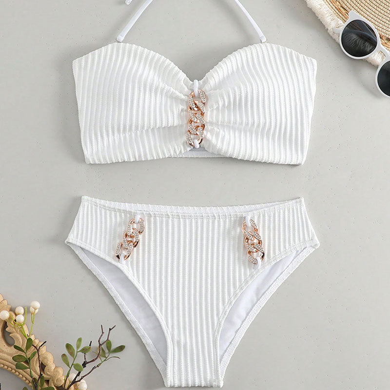 Shiny Crystal Ribbed Modest Halter Bandeau Brazilian Two Piece Bikini Swimsuit