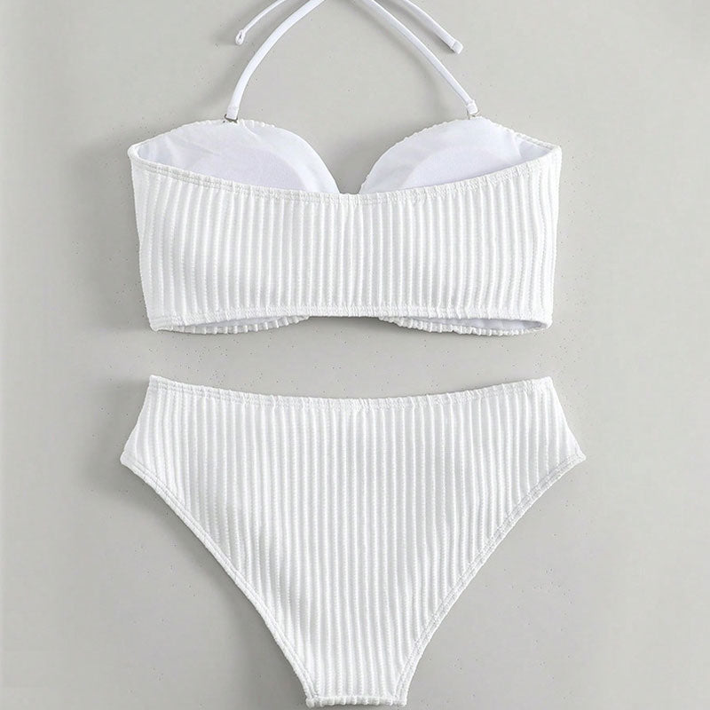 Shiny Crystal Ribbed Modest Halter Bandeau Brazilian Two Piece Bikini Swimsuit