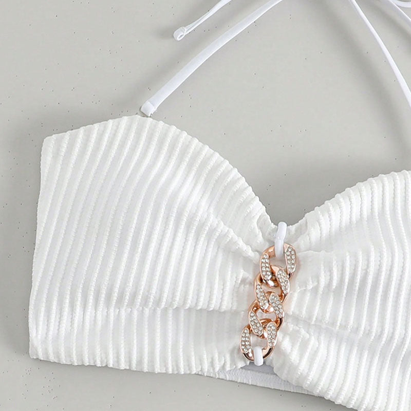 Shiny Crystal Ribbed Modest Halter Bandeau Brazilian Two Piece Bikini Swimsuit