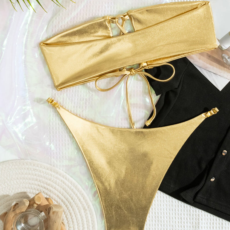 Shiny Metallic Cutout Cheeky Lace Up Bandeau Brazilian Two Piece Bikini Swimsuit