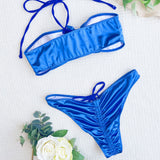 Silky Cheeky Scrunch Ruffle Cutout Cross Halter Brazilian Two Piece Bikini Swimsuit