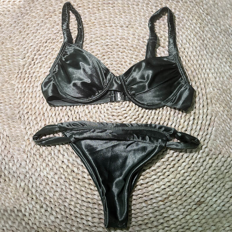 Silky High Cut Ruched Underwire Brazilian Two Piece Bikini Swimsuit