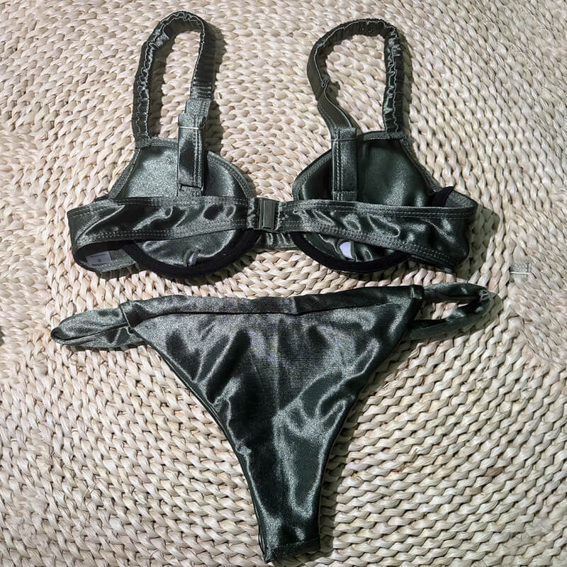 Silky High Cut Ruched Underwire Brazilian Two Piece Bikini Swimsuit