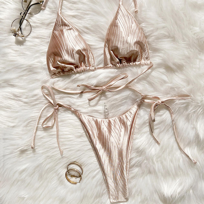 Silky Wavy Tie String Cheeky Thong Triangle Brazilian Two Piece Bikini Swimsuit