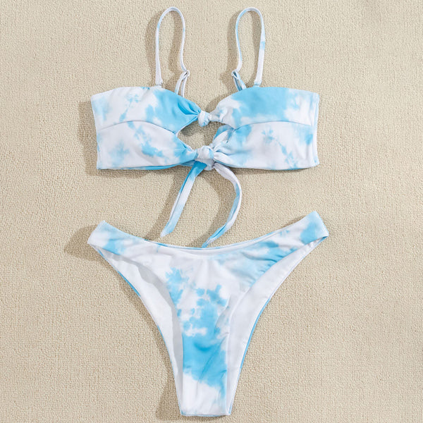 Sky Blue Tie Dye High Leg Knotted Front Cutout Brazilian Two Piece Bikini Swimsuit