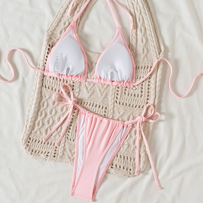 Sparkly 3D Flower Tie Side Thong Triangle Brazilian Two Piece Bikini Swimsuit