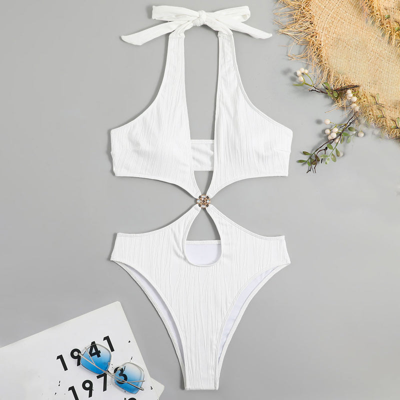 Sparkly Crystal Cutout Wrap Textured Monokini Brazilian One Piece Swimsuit