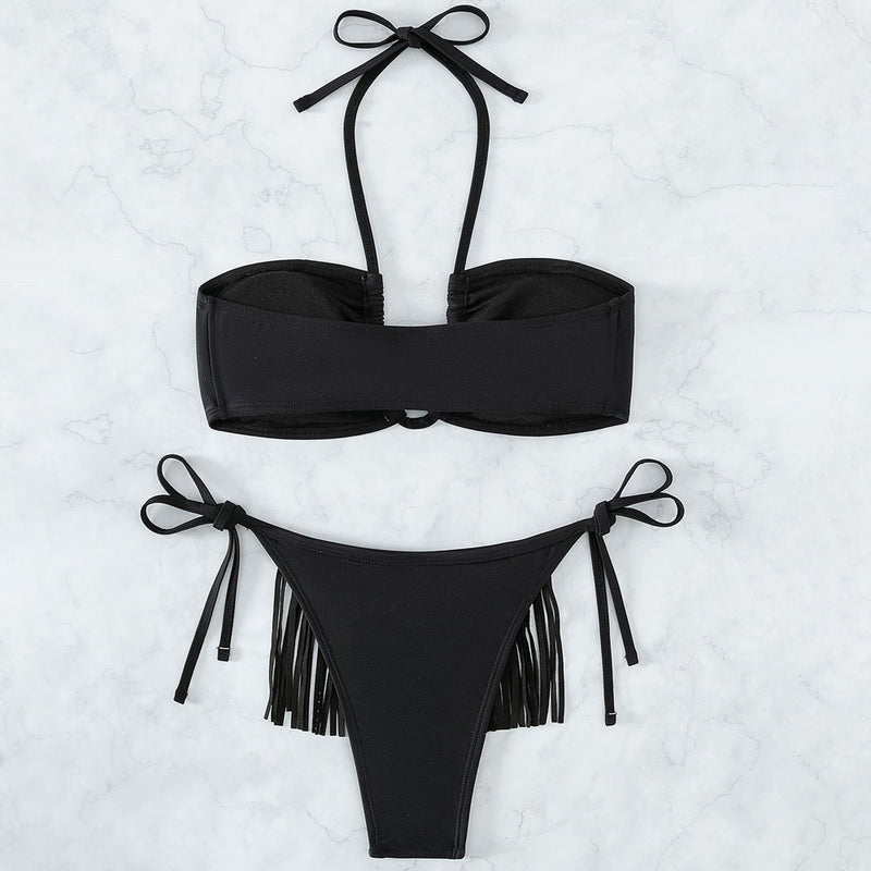 Sparkly Crystal Fringe Tie String Cheeky Halter Brazilian Two Piece Bikini Swimsuit