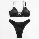Sparkly Crystal O Ring High Cut Cheeky Ribbed Brazilian Two Piece Bikini Swimsuit