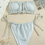 Sparkly Crystal Tie Side String Ruffle Cutout Bandeau Brazilian Two Piece Bikini Swimsuit