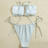 Sparkly Crystal Tie Side String Ruffle Cutout Bandeau Brazilian Two Piece Bikini Swimsuit