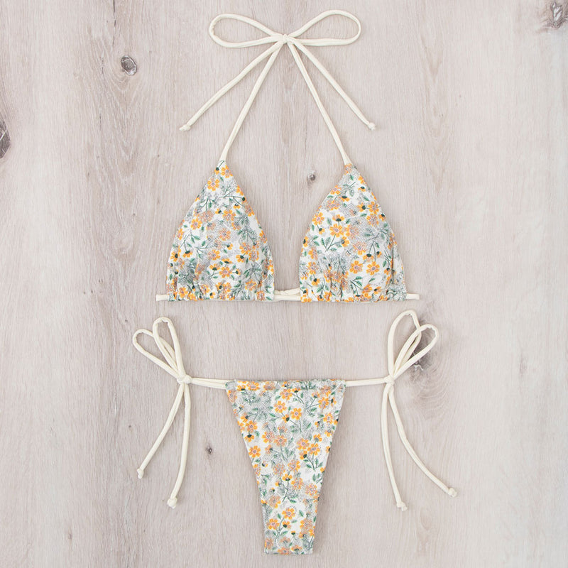 Sparkly Floral Embroidered Thong Triangle Brazilian Two Piece Bikini Swimsuit