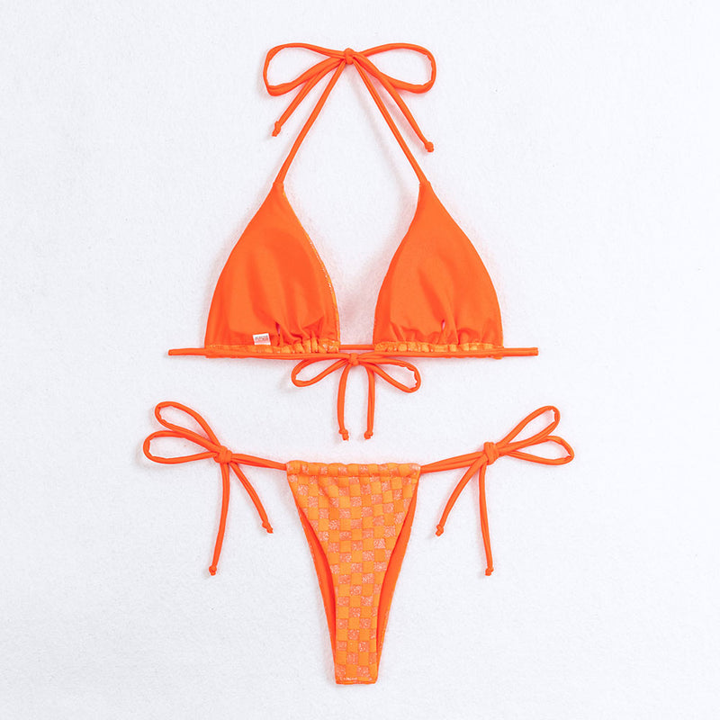 Sparkly Gingham String Thong Slide Triangle Brazilian Two Piece Bikini Swimsuit
