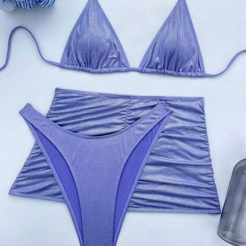 Sparkly Metallic High Cut Slide Triangle Brazilian Three Piece Bikini Swimsuit