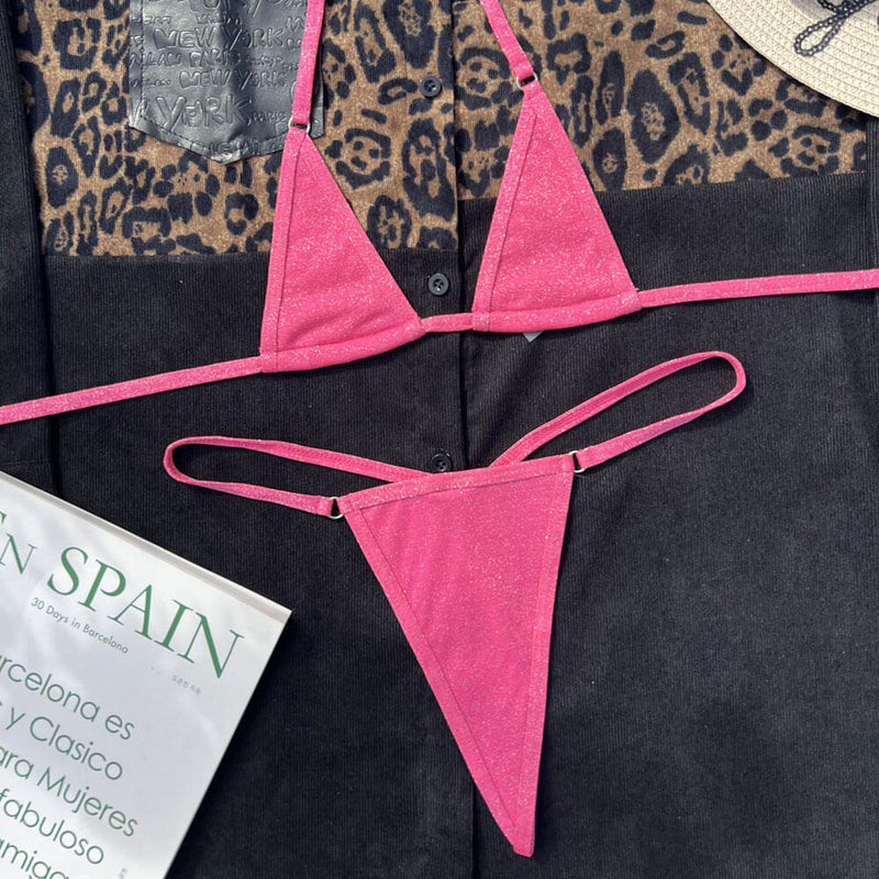Sparkly O Ring String Thong Slide Micro Triangle Brazilian Two Piece Bikini Swimsuit