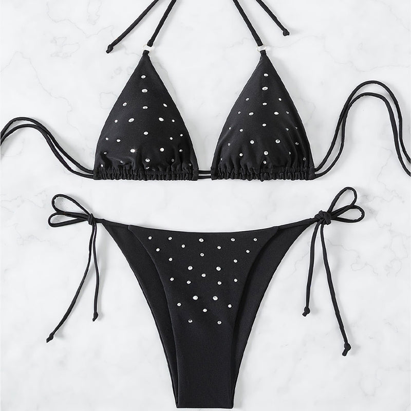 Sparkly Rhinestone Tie String Slide Triangle Brazilian Two Piece Bikini Swimsuit