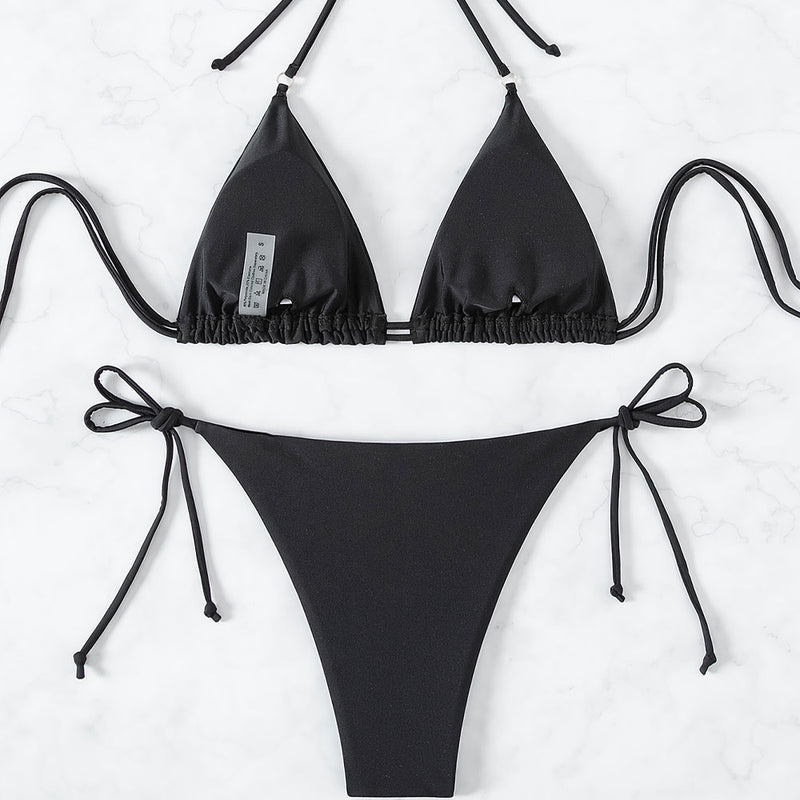 Sparkly Rhinestone Tie String Slide Triangle Brazilian Two Piece Bikini Swimsuit