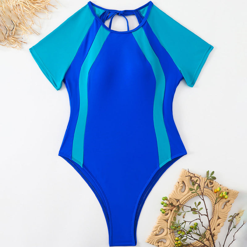 Sporty Color Block High Leg Cutout Back Short Sleeve Brazilian One Piece Swimsuit