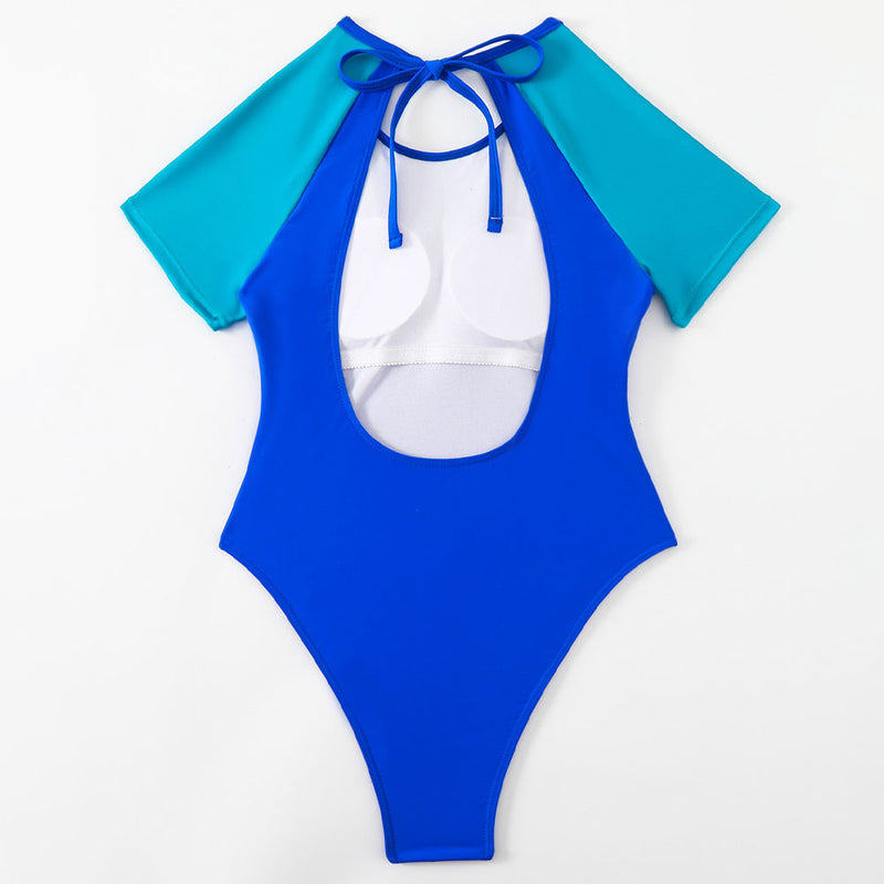 Sporty Color Block High Leg Cutout Back Short Sleeve Brazilian One Piece Swimsuit