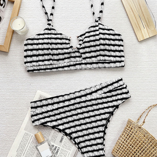 Stripe High Rise Cheeky Cutout Bralette Shirred Brazilian Two Piece Bikini Swimsuit