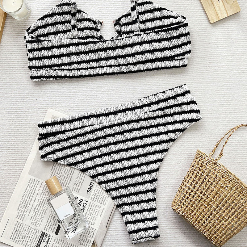 Stripe High Rise Cheeky Cutout Bralette Shirred Brazilian Two Piece Bikini Swimsuit