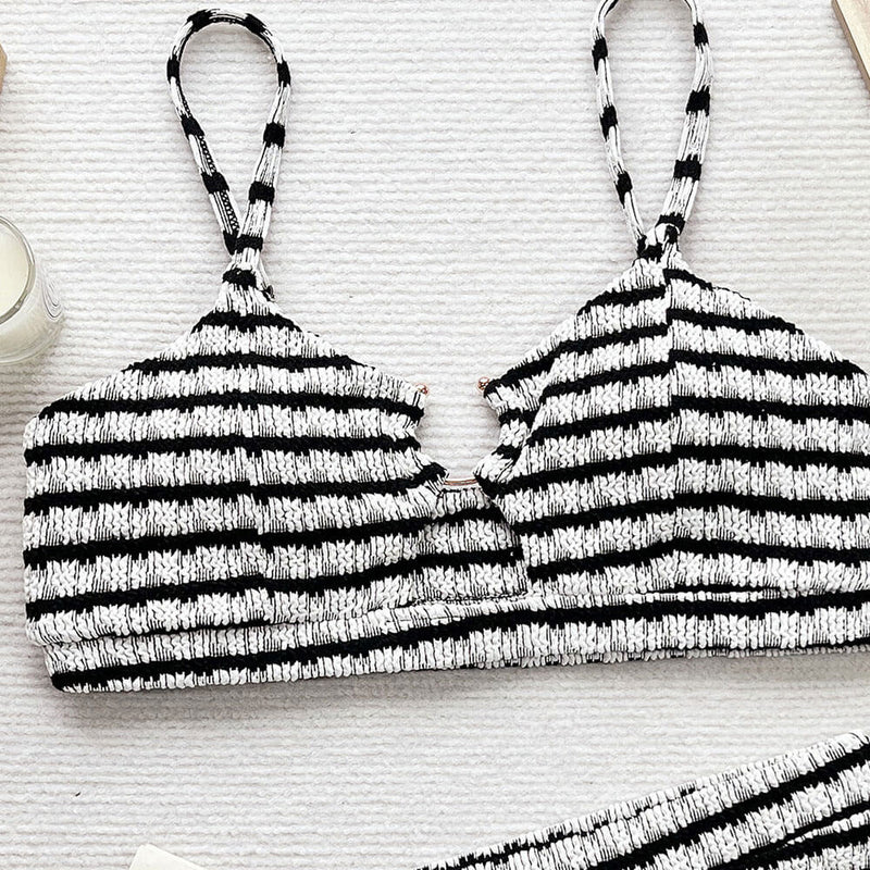 Stripe High Rise Cheeky Cutout Bralette Shirred Brazilian Two Piece Bikini Swimsuit