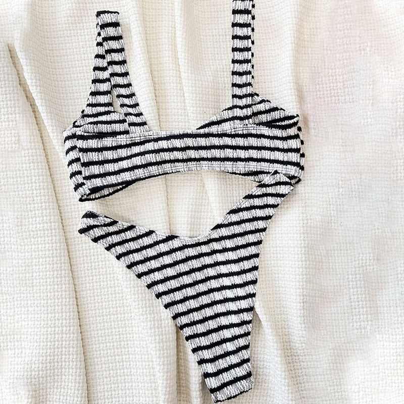 Striped High Cut Seersucker Twist Bralette Brazilian Two Piece Bikini Swimsuit